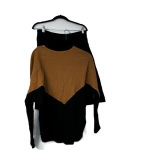 Dot Womans M black tan herringbone ribbed shirt skirt set business work casual